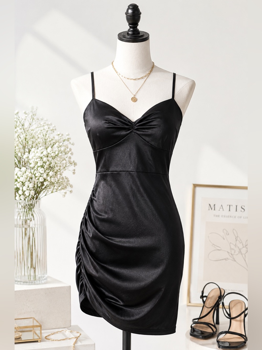 Madden NYC Satin Ruched Mini Dress - Black - Size Medium (7-9) - NWT